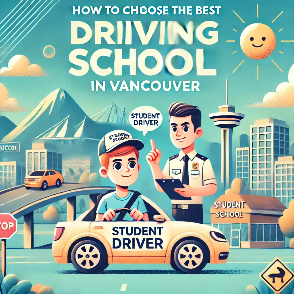 A cartoon titled How to Choose the Best Driving School in Vancouver shows a student in a beige Student Driver car facing an instructor with a clipboard, with mountains, a bridge, and a city skyline behind them.