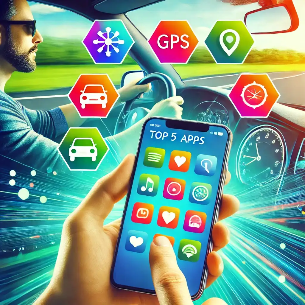 A graphic shows a hand holding a phone labeled Top 5 Apps in front of a bearded driver in sunglasses, surrounded by colorful GPS and car icons.