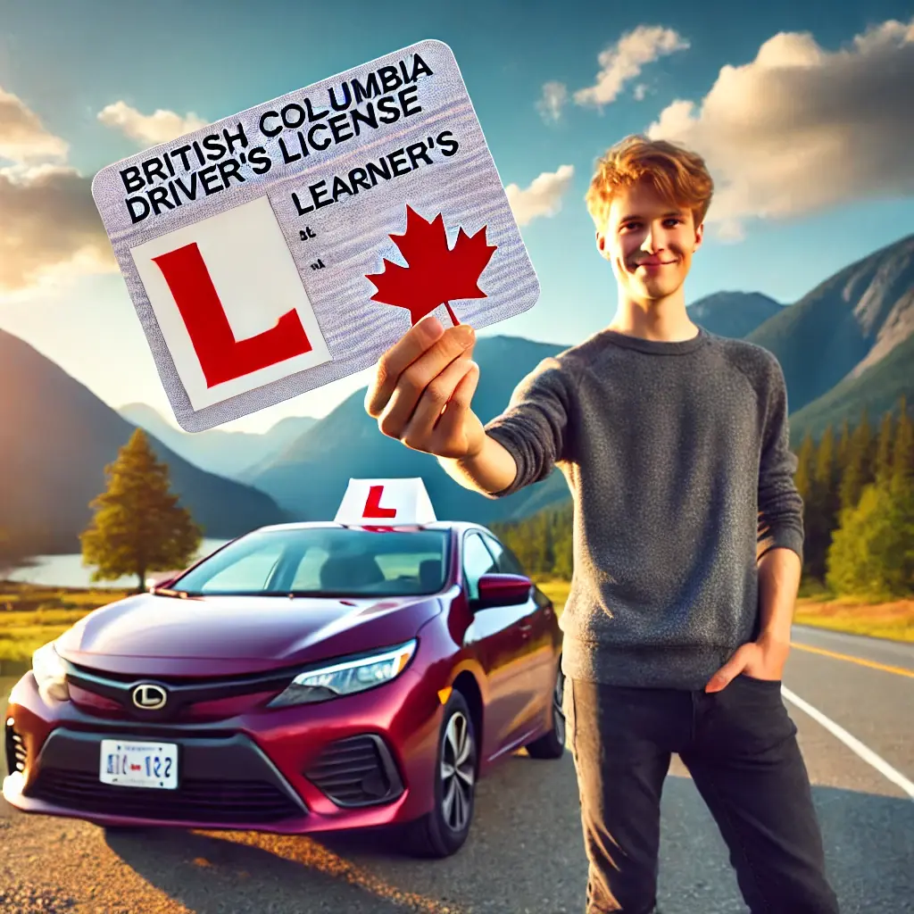 A young man in a grey sweater holds up a large British Columbia learner's licence card with a red L and a maple leaf beside a red car with an L sign on its roof on a mountain road.