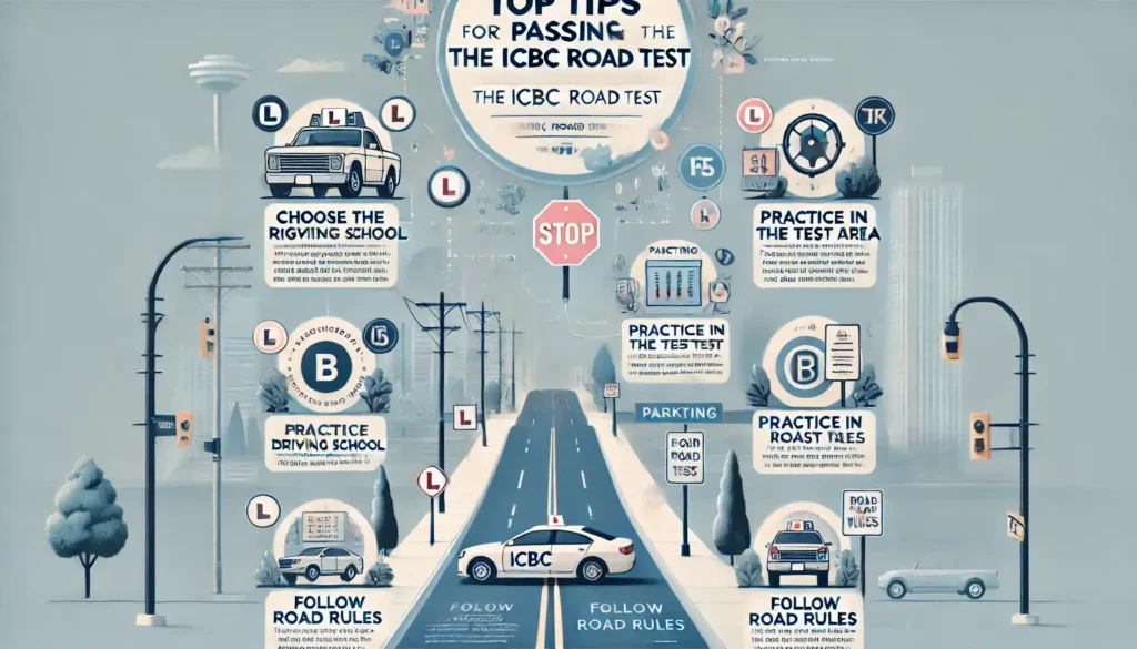An illustrated infographic titled Top Tips for Passing the ICBC Road Test shows a road stretching between learner cars, traffic lights, and boxes of driving tips.