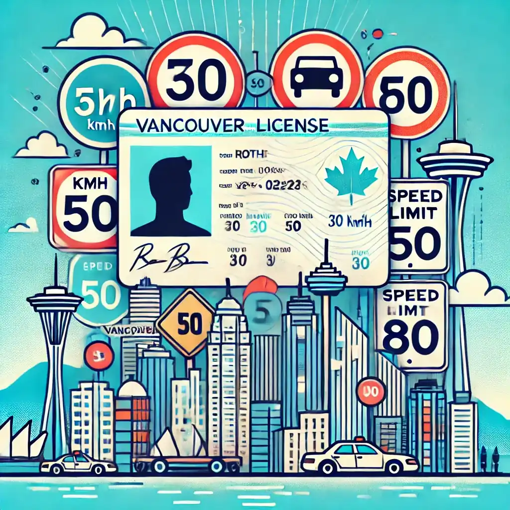 An illustrated licence card with a silhouette and maple leaf sits among speed-limit signs and a city skyline.