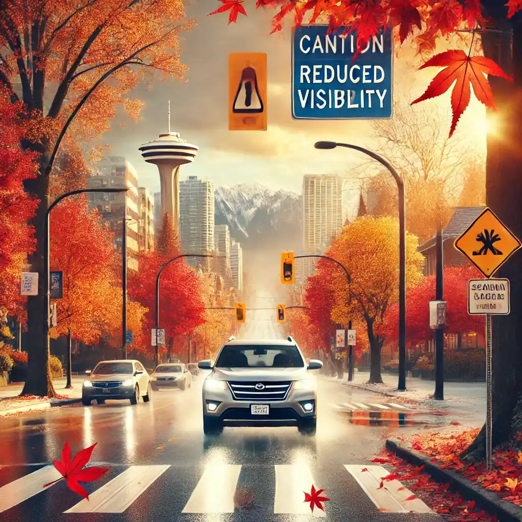 An illustrated rainy autumn street shows a silver SUV at a crosswalk among red maple trees, with a tall observation tower and a blue caution reduced visibility sign.