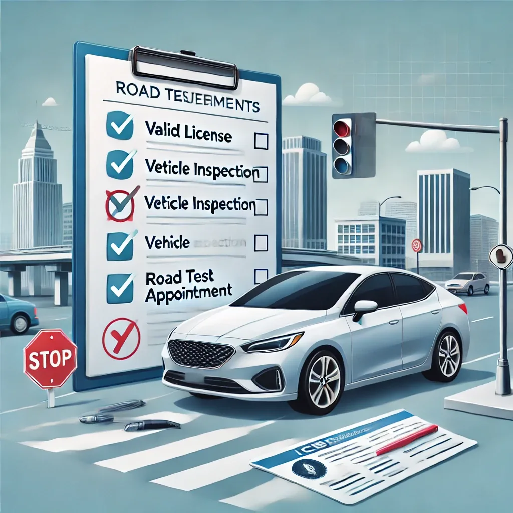 An illustrated silver sedan sits before a giant road-test checklist on a city street with a traffic light, a stop sign, and a crosswalk.