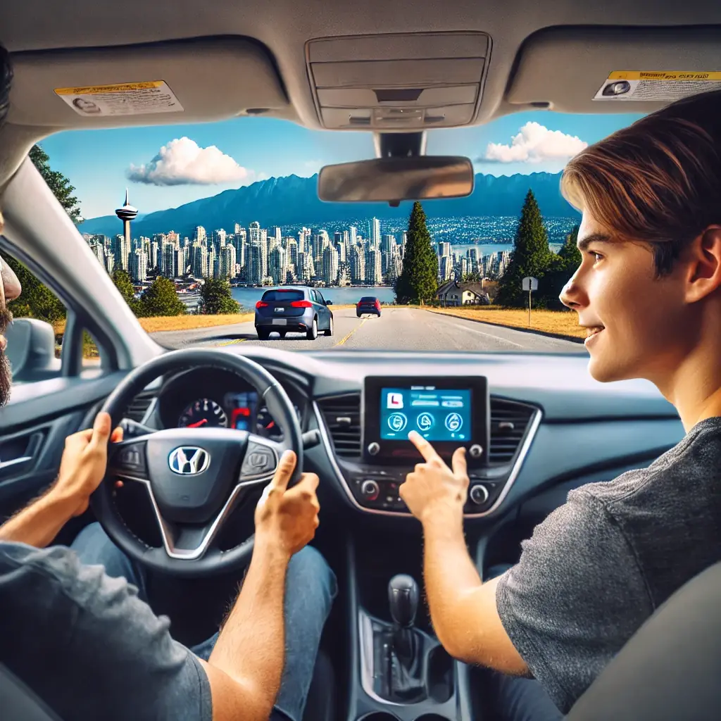 An illustration from inside a Honda shows a driver in a grey shirt at the wheel while a young man in a grey T-shirt points at the dashboard screen, with the Vancouver skyline and mountains through the windshield.