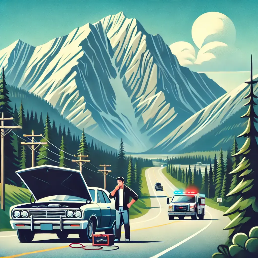 An illustration shows a man in a black jacket beside a vintage teal car with the hood up and jumper cables on the shoulder, as an emergency vehicle with flashing lights approaches on a pine-lined mountain highway.