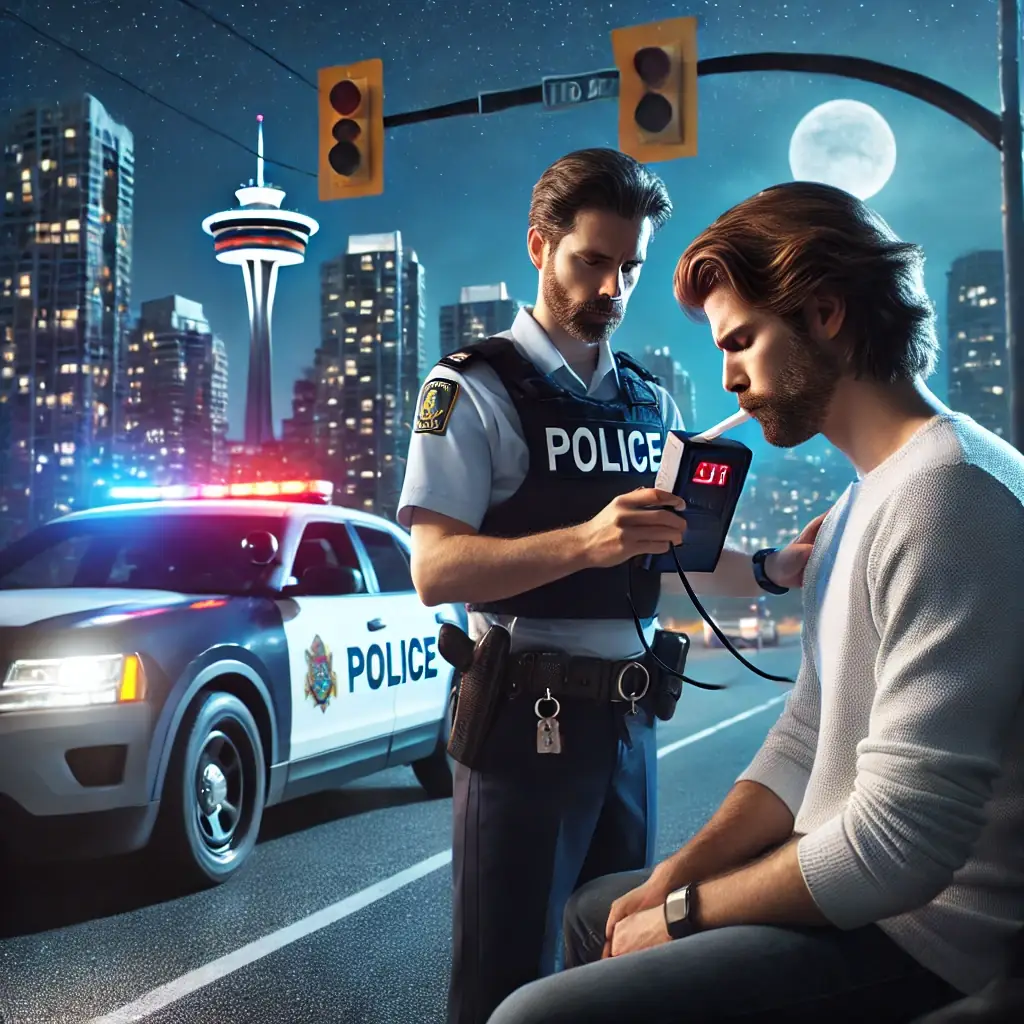 An illustration shows a police officer in a vest holding a breathalyzer up to a seated man in a white sweater at night, with a police car, traffic lights, and a lit downtown skyline behind them.