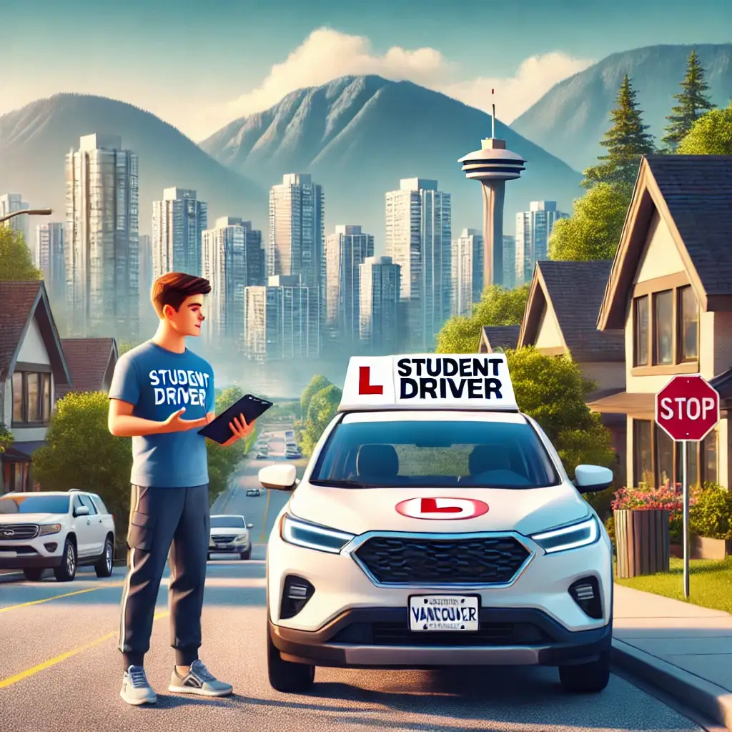 An illustration shows a young man in a blue Student Driver shirt holding a tablet beside a white SUV marked with a red L and a Student Driver roof sign, with a city skyline, mountains, and a stop sign behind him.