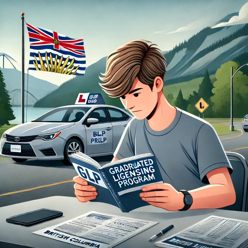 An illustration shows a young man in a grey T-shirt reading a Graduated Licensing Program book at a table of papers, with a silver learner car and a British Columbia flag behind him.